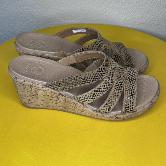 CROCS A-Leigh Snake Pattern Leather Sandals Cork Wedge Comfort Heel Women’s 8 - Picture 1 of 14